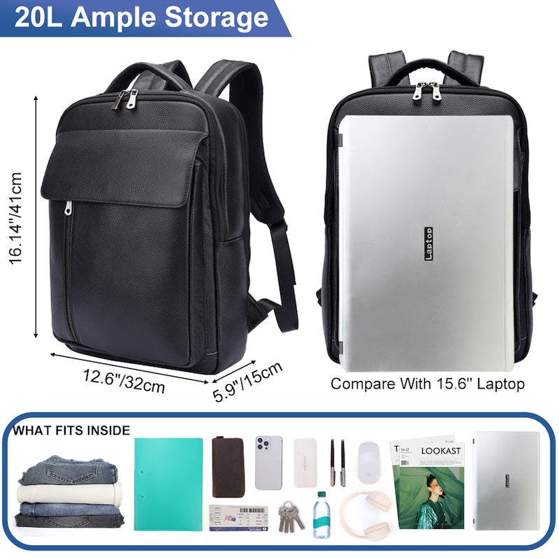 Man Black Pebble Genuine Leather Fashion Business Laptop School Backpack Zipper Bag for Student