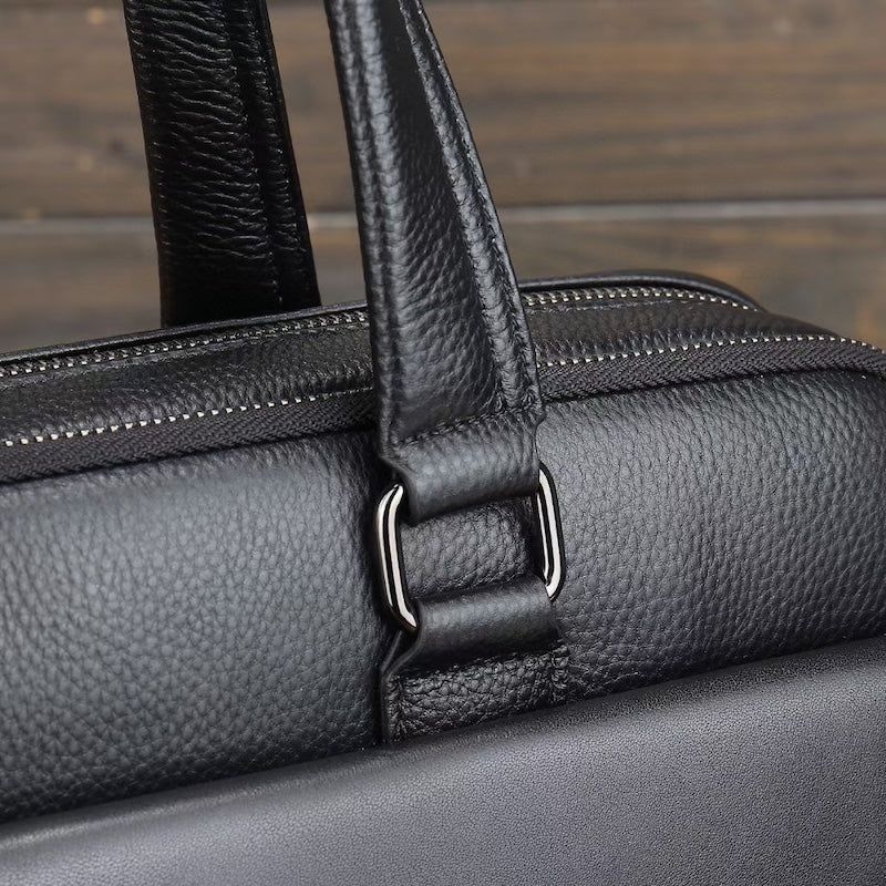 Fashion Style Cowhide Cow Leather Black Laptop Pebble Leather Briefcase Shoulder Bag Brief Case for Business Man