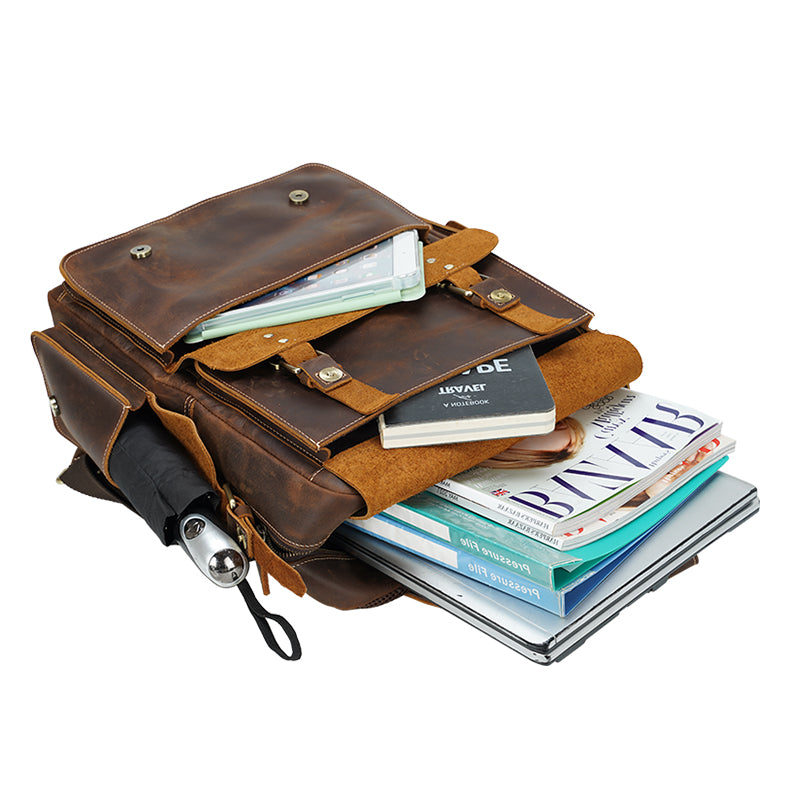 Men's Brown Genuine Leather Vintage Fashion Anti-Theft High Quality Laptop Backpack Zipper