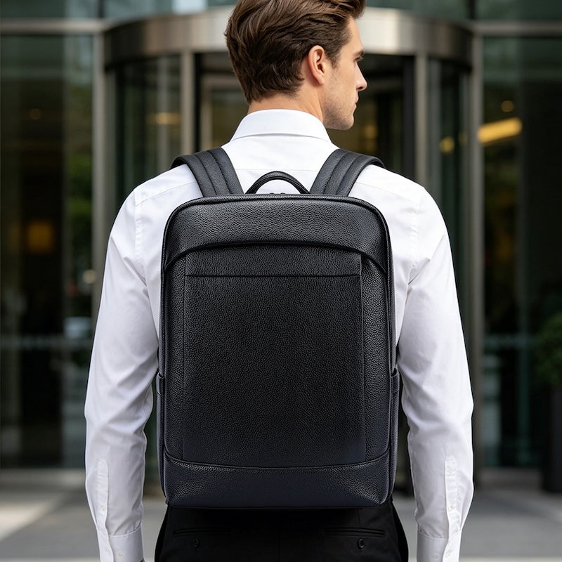 Man New Arrival Black Pebble Genuine Leather Fashion Business Laptop School Backpack Zipper Bag