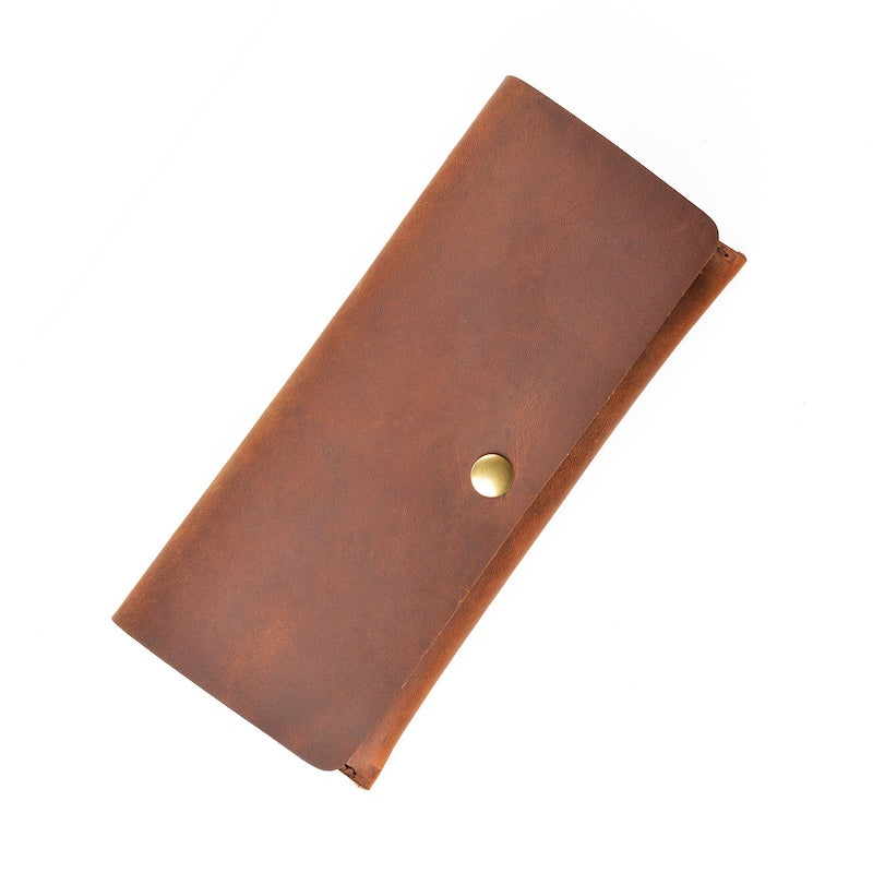 Handmade Simple Style Unisex Large Capacity Clutch Purse Top Grain Genuine Crazy Horse Leather Long Wallet Custom Pattern