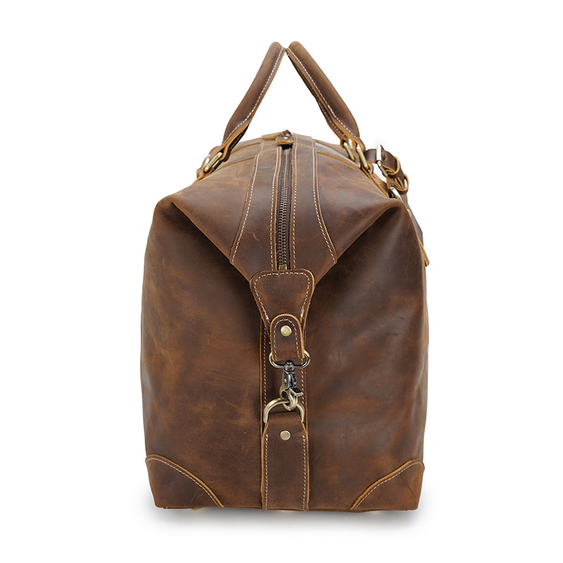 Brown Crazy Horse Leather Duffel Bag Luxury Vintage Weekender Large Capacity Zipper Closure Durable Men