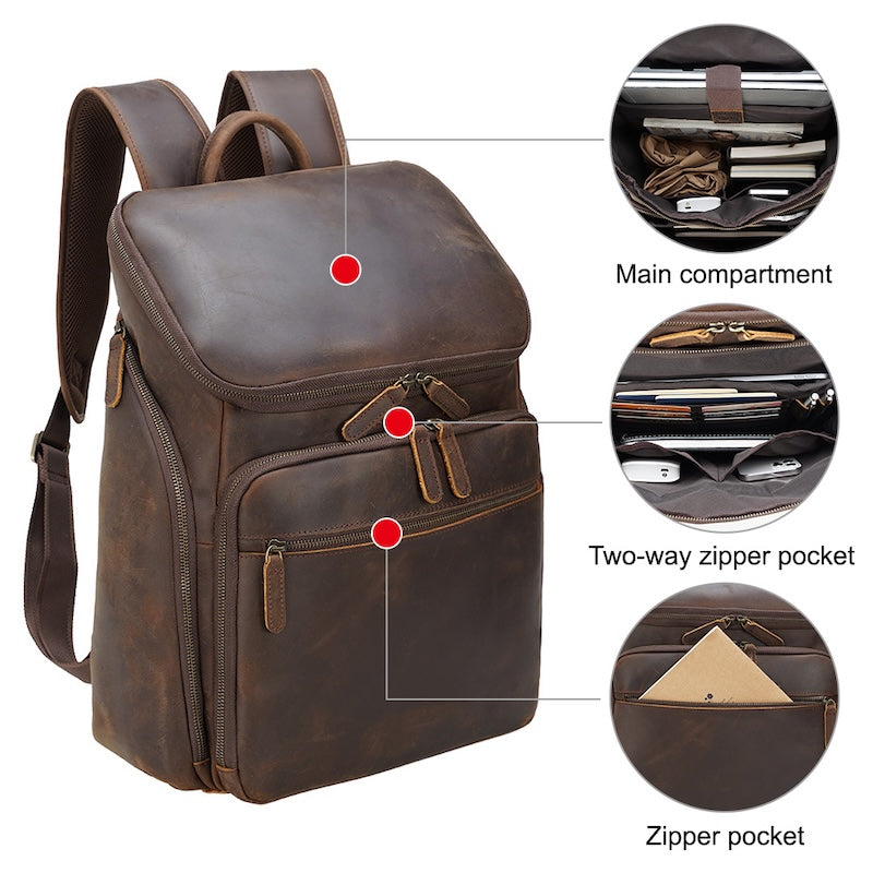 Hot Selling Real Cowhide Vintage Style Brown Best Quality Full Grain Men's Genuine Leather Laptop Backpack for Daily Use