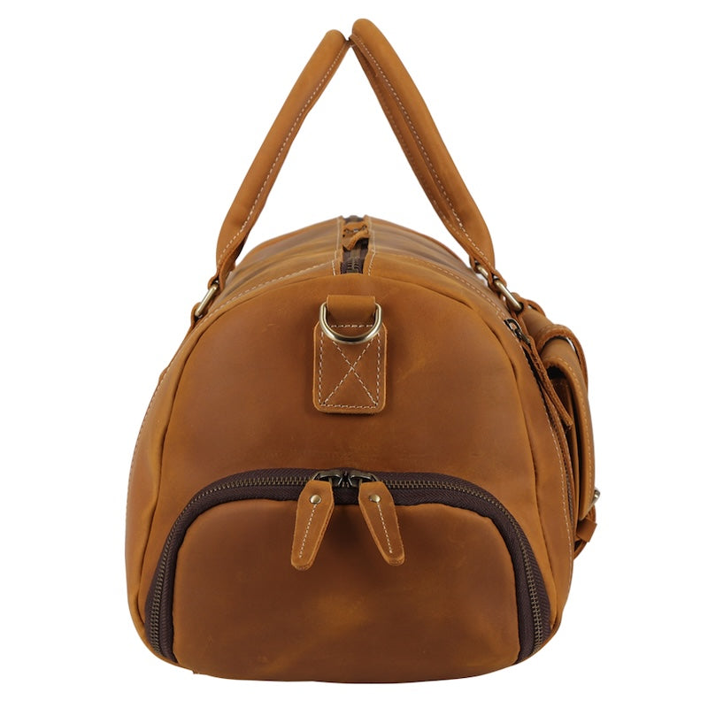 Full Grain Leather Vintage Weekender Overnight Travel Duffel Bag with Shoes Compartment Zipper Closure