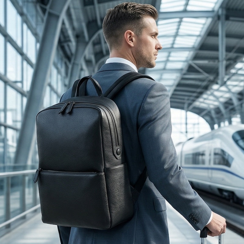 Man & Boys Black Cow Skin Pebble Genuine Leather Fashion Business Laptop Cow Hide School Backpack Zipper Bag for Student