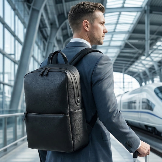 Man & Boys Black Cow Skin Pebble Genuine Leather Fashion Business Laptop Cow Hide School Backpack Zipper Bag for Student