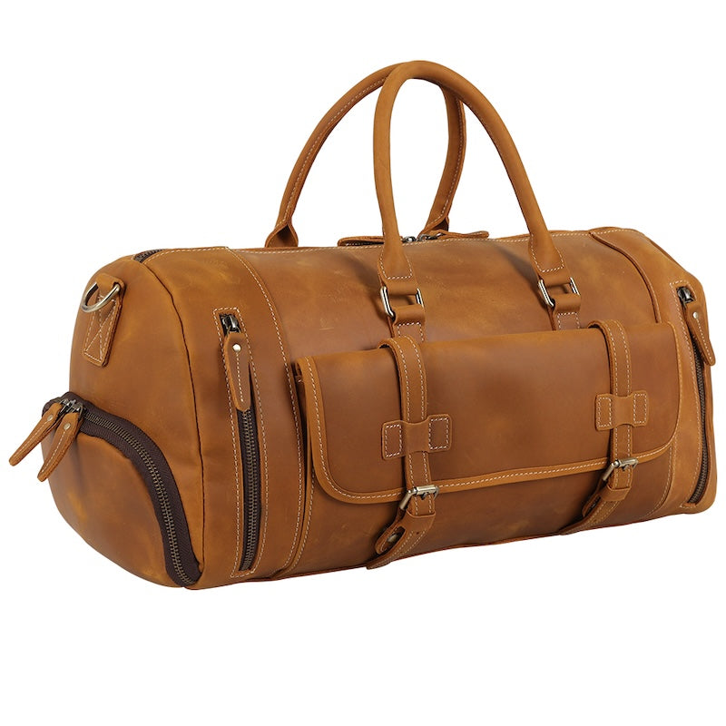 Full Grain Leather Vintage Weekender Overnight Travel Duffel Bag with Shoes Compartment Zipper Closure