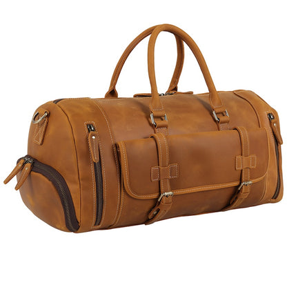 Full Grain Leather Vintage Weekender Overnight Travel Duffel Bag with Shoes Compartment Zipper Closure