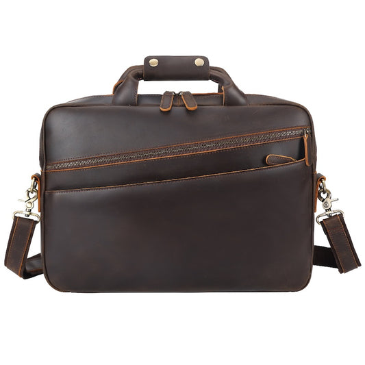 Hot Sale 15.6'' Men's Business Laptop Portfolio Brown Crazy Horse Leather Briefcase Full Grain Genuine Leather Office Briefcase