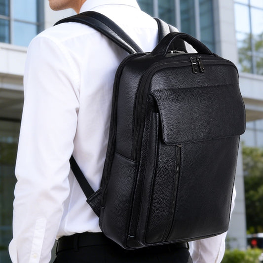 Man Black Pebble Genuine Leather Fashion Business Laptop School Backpack Zipper Bag for Student