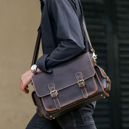 Vintage Luxury Design High Quality Customizable Men's Crazy Horse Genuine Leather Sling Shoulder Bag Zipper Camera Briefcase
