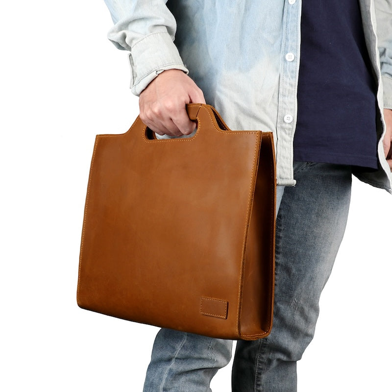 Men's 15.6'' Laptop Portfolio Crazy Horse Leather Office Briefcase Black Brown Full Grain Genuine Leather Business Bag