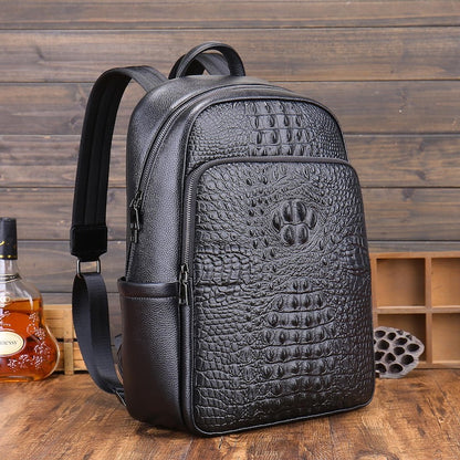 Black Men's Genuine Leather Fashion alligator crocodile Print Laptop School Backpack Zipper