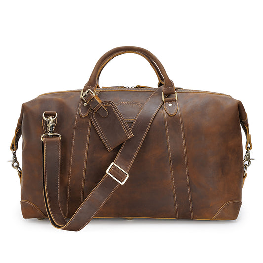 Brown Crazy Horse Leather Duffel Bag Luxury Vintage Weekender Large Capacity Zipper Closure Durable Men