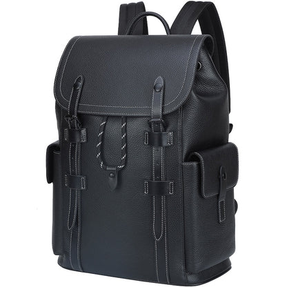 Man Black Pebble Genuine Leather Fashion Business Laptop School Backpack Zipper Bag for Student