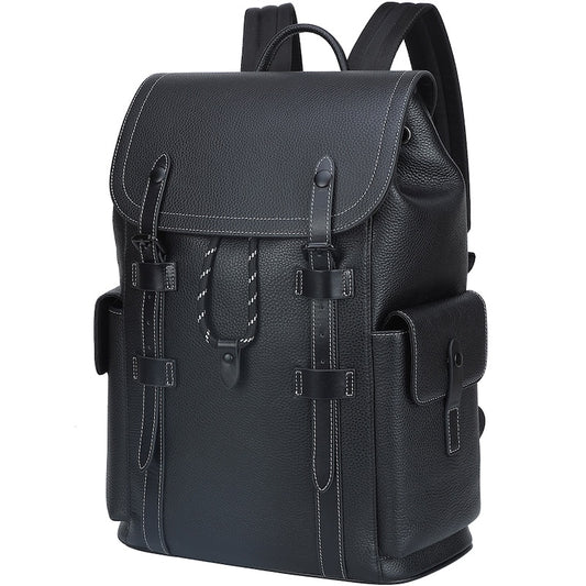 Man Black Pebble Genuine Leather Fashion Business Laptop School Backpack Zipper Bag for Student
