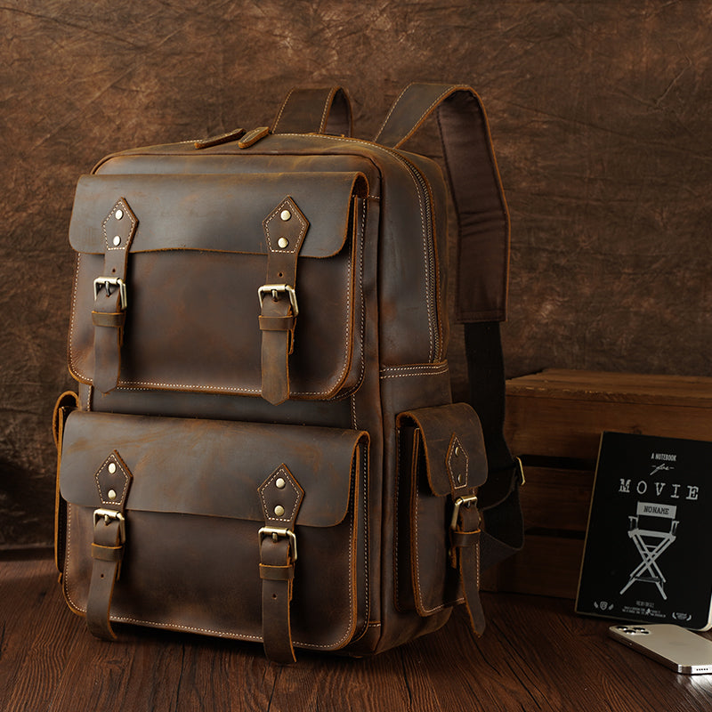 Men's Brown Genuine Leather Vintage Fashion Anti-Theft High Quality Laptop Backpack Zipper