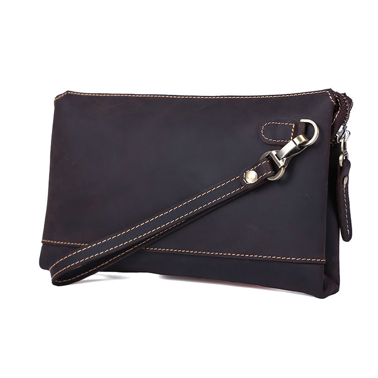 Men Personalized Full Grain Crazy Horse Large Clutch Bag Long Wrist Bag Zipper Anti-Theft