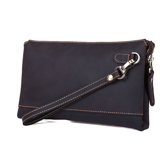 Men Personalized Full Grain Crazy Horse Large Clutch Bag Long Wrist Bag Zipper Anti-Theft