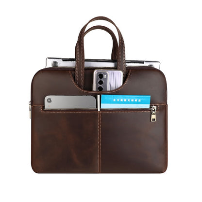 2026 New Arrival Men Retro Vintage Style Genuine Leather Durable Laptop Briefcase with Zipper Closure
