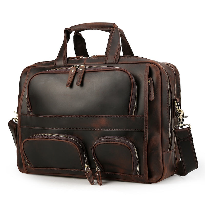 Vintage Style Genuine Crazy Horse Leather Briefcase Mens Brown Work Business Handbag 15.6 Inches Laptop Fit