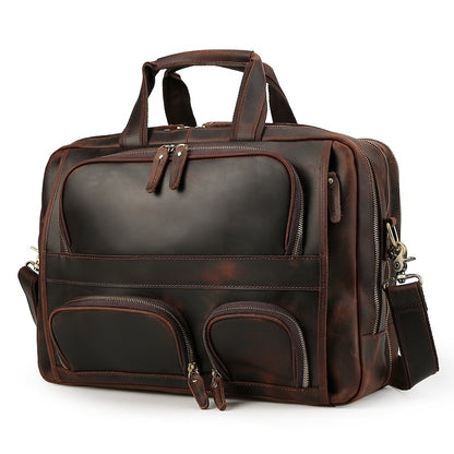 Vintage Style Genuine Crazy Horse Leather Briefcase Mens Brown Work Business Handbag 15.6 Inches Laptop Fit
