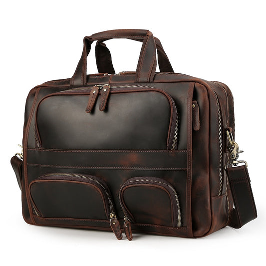Vintage Style Genuine Crazy Horse Leather Briefcase Mens Brown Work Business Handbag 15.6 Inches Laptop Fit