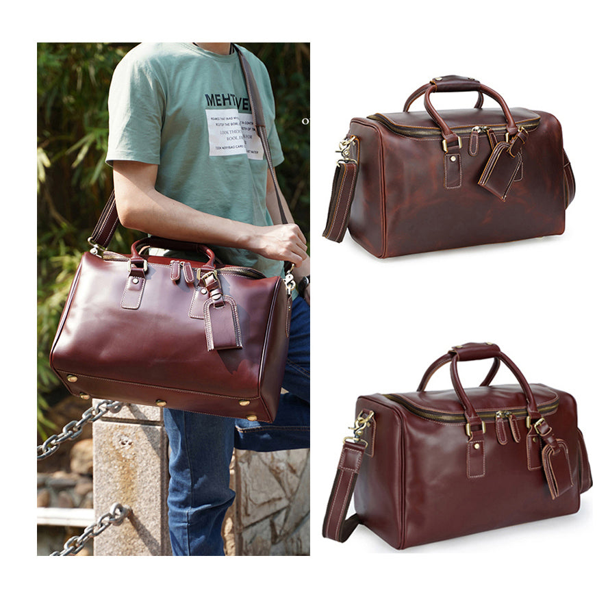 Retro Oversize Burgundy Red Genuine Leather Zipper Durable High Quality Unisex Waterproof Travel Weekend