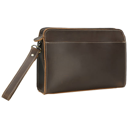 Vintage Style Handmade Men Genuine Leather Crazy Horse Brown Clutch Wallet with Zipper Closure
