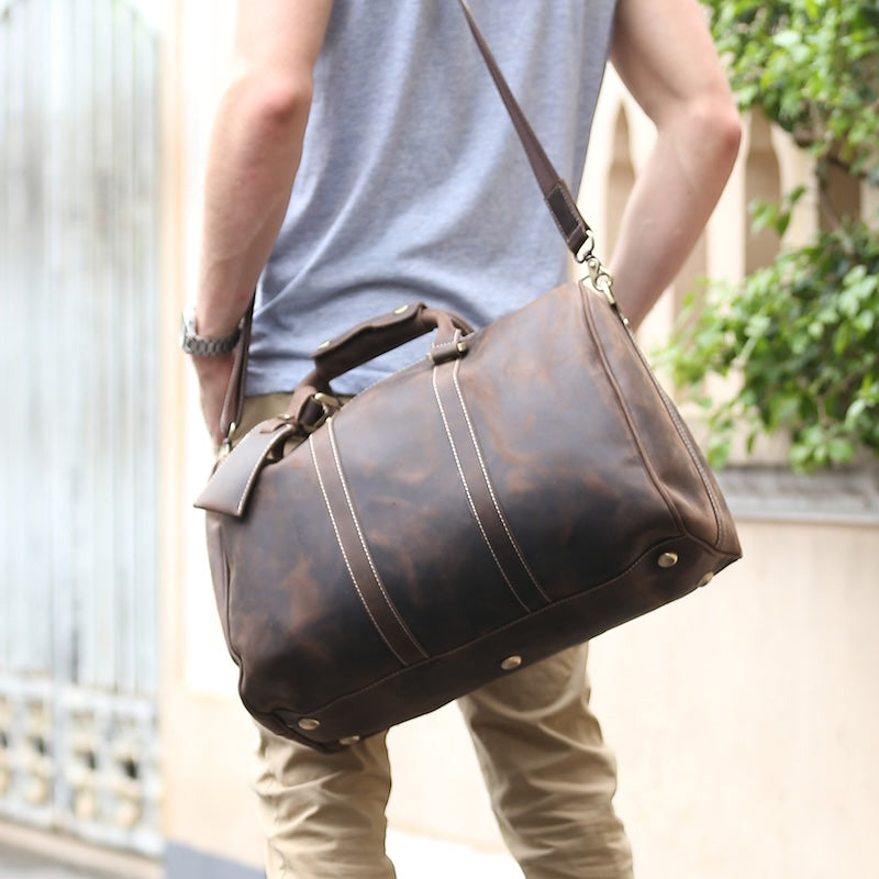 Large Capacity Men's Genuine Leather Carry-on Holdall Weekender Luxury Overnight Travel Duffel Bag Polyester Lining