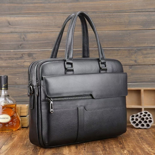 Fashion Style Cowhide Cow Leather Black Laptop Pebble Leather Briefcase Shoulder Bag Brief Case for Business Man
