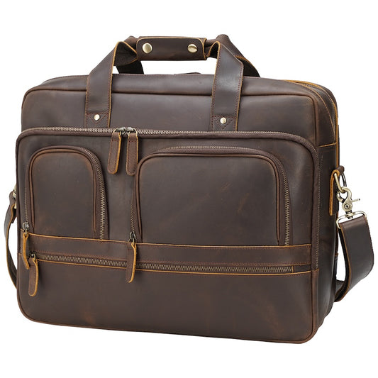 Wholesale 17-Inch Crazy Horse Genuine Leather Laptop Briefcase Men's Vintage Style Business Bag Dropshipping Soft Durable OEM