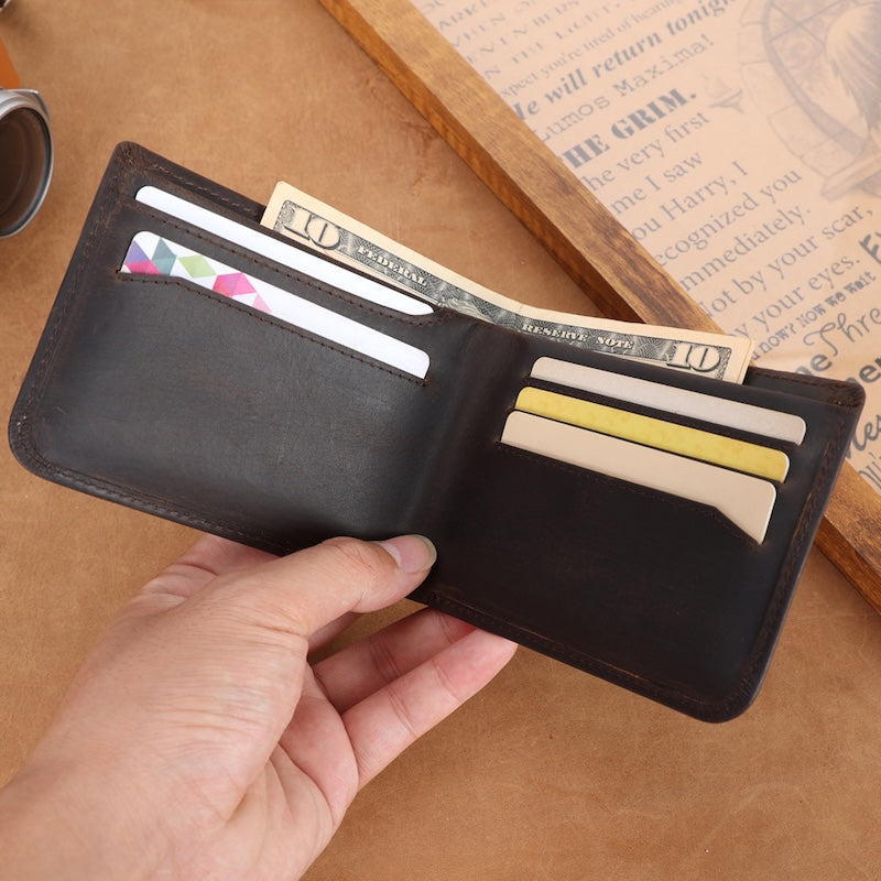 New Arrival Vintage Retro Style Mens Full Grain Leather Short Bifold Wallet Crazy Horse Cowhide Genuine Leather Wallet