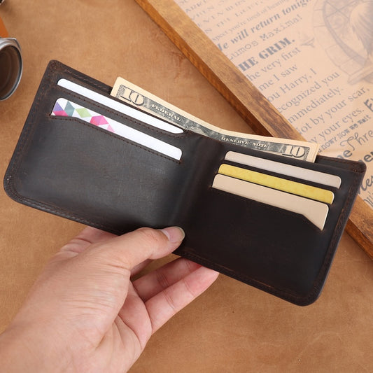New Arrival Vintage Retro Style Mens Full Grain Leather Short Bifold Wallet Crazy Horse Cowhide Genuine Leather Wallet