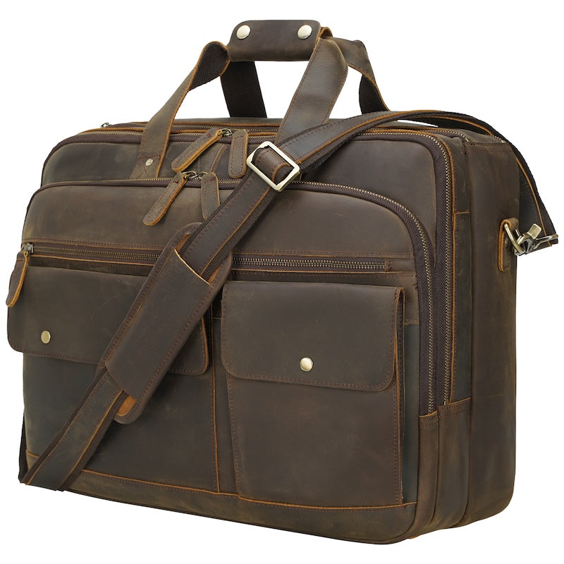 Factory Direct 17.3 Inch Vintage Crazy Horse Full Grain Genuine Leather Durable Zipper Closure Messenger Briefcase Bag Retro