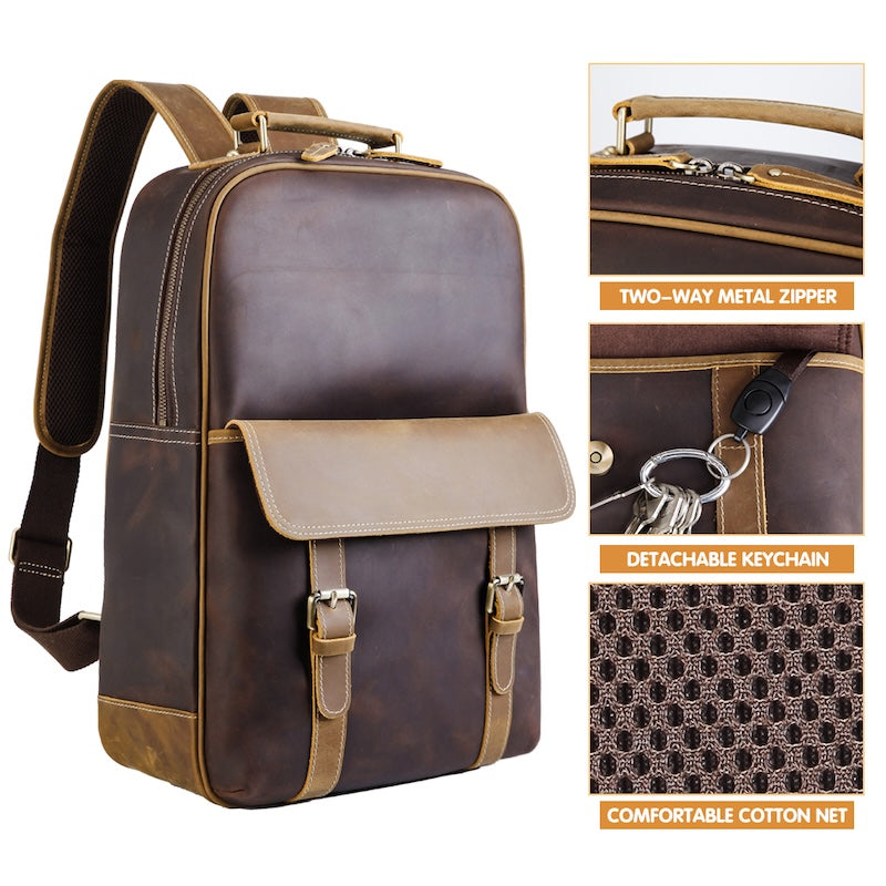 Genuine Leather Laptop Backpack for Men Vintage Style with Zipper Closure Man Women's Computer Bag