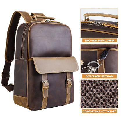 Genuine Leather Laptop Backpack for Men Vintage Style with Zipper Closure Man Women's Computer Bag