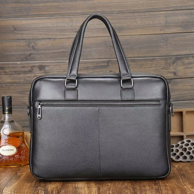 Fashion Style Cowhide Cow Leather Black Laptop Pebble Leather Briefcase Shoulder Bag Brief Case for Business Man
