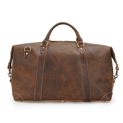 Brown Crazy Horse Leather Duffel Bag Luxury Vintage Weekender Large Capacity Zipper Closure Durable Men