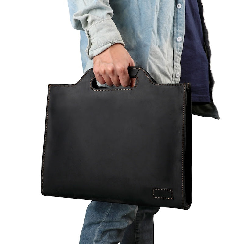 Men's 15.6'' Laptop Portfolio Crazy Horse Leather Office Briefcase Black Brown Full Grain Genuine Leather Business Bag