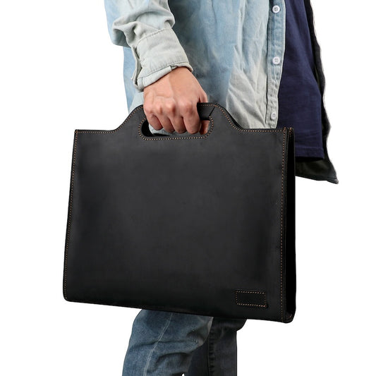 Men's 15.6'' Laptop Portfolio Crazy Horse Leather Office Briefcase Black Brown Full Grain Genuine Leather Business Bag