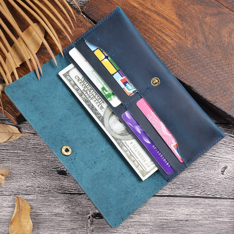 Handmade Simple Style Unisex Large Capacity Clutch Purse Top Grain Genuine Crazy Horse Leather Long Wallet Custom Pattern