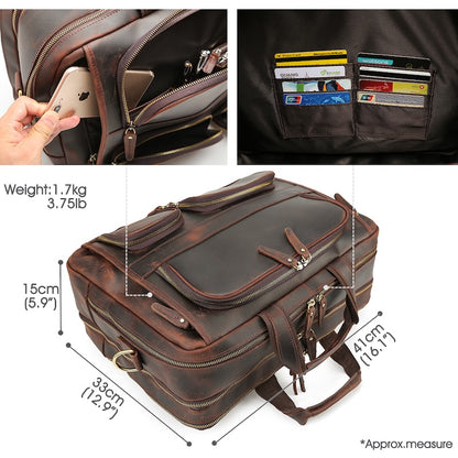 Vintage Style Genuine Crazy Horse Leather Briefcase Mens Brown Work Business Handbag 15.6 Inches Laptop Fit