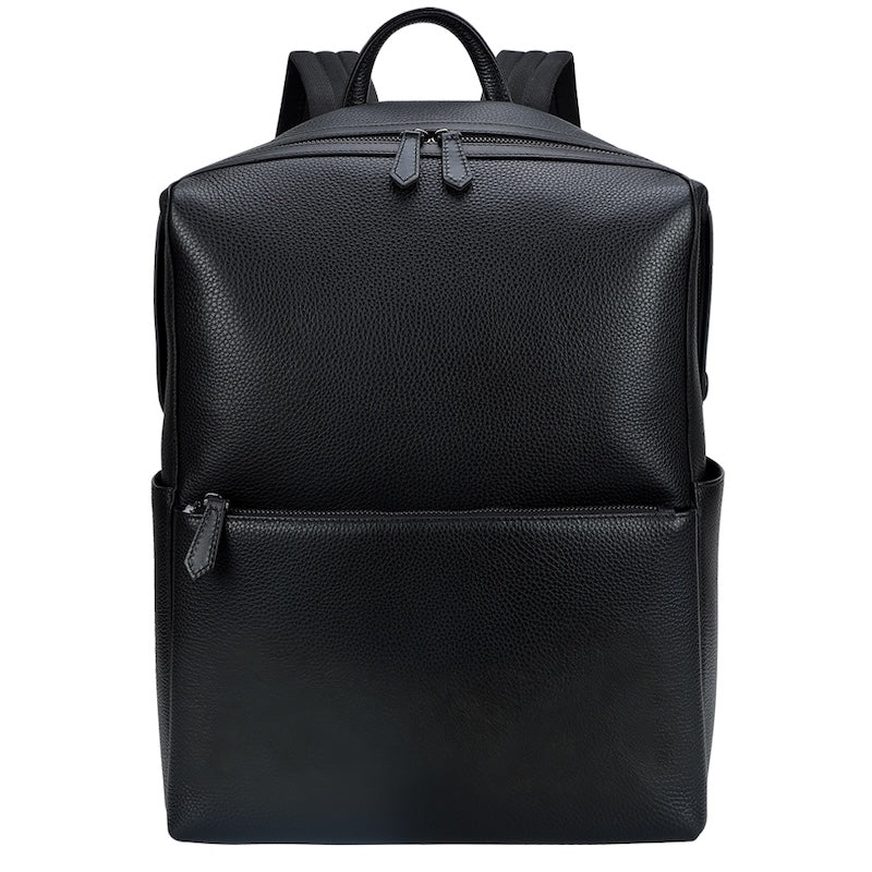 Man & Boys Black Cow Skin Pebble Genuine Leather Fashion Business Laptop Cow Hide School Backpack Zipper Bag for Student