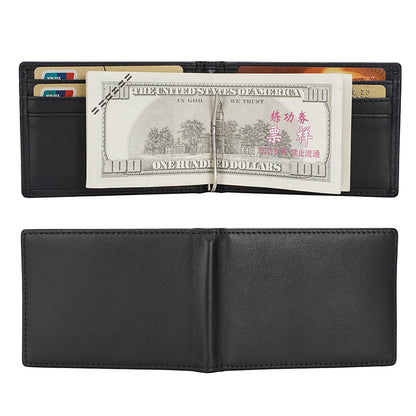 RFID Blocking Black Genuine Leather Money Clip Wallet With Clip Black Real Cow Leather Soft Card Wallet