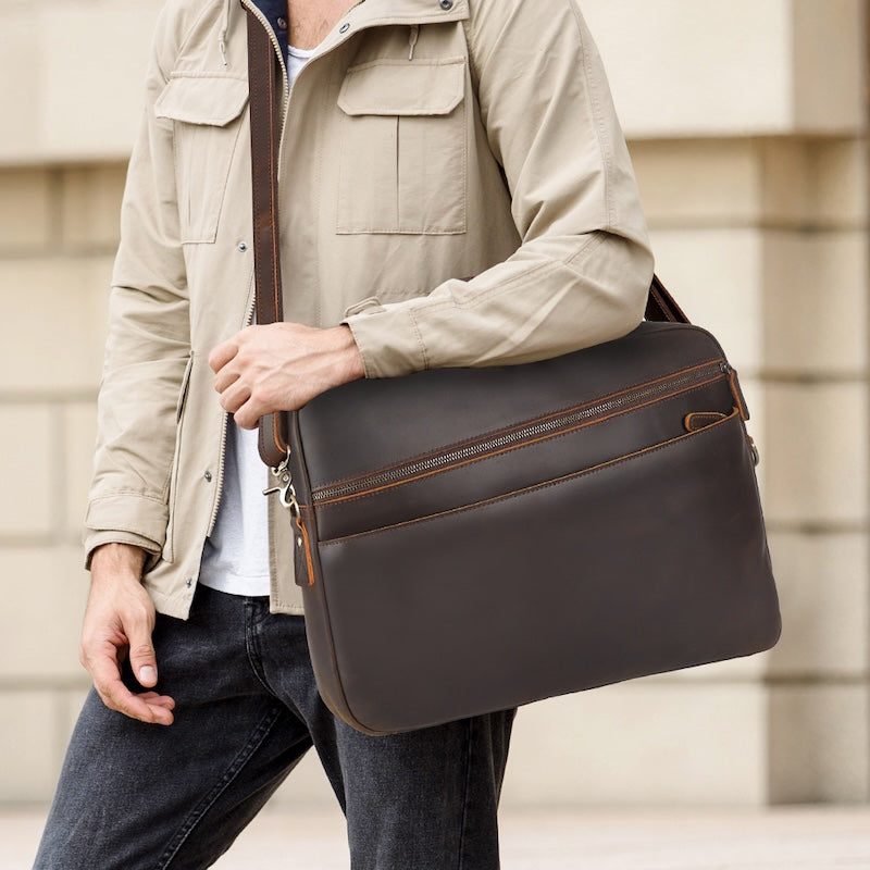 Hot Sale 15.6'' Men's Business Laptop Portfolio Brown Crazy Horse Leather Briefcase Full Grain Genuine Leather Office Briefcase