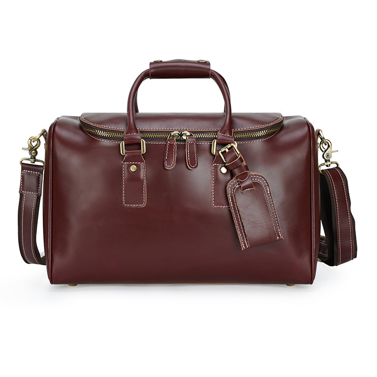 Retro Oversize Burgundy Red Genuine Leather Zipper Durable High Quality Unisex Waterproof Travel Weekend