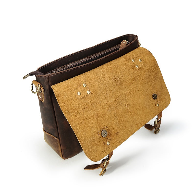 Cowhide 14 Inch Laptop Messenger Sling Bag Men's Crazy Horse Genuine Leather Soft Business Vintage
