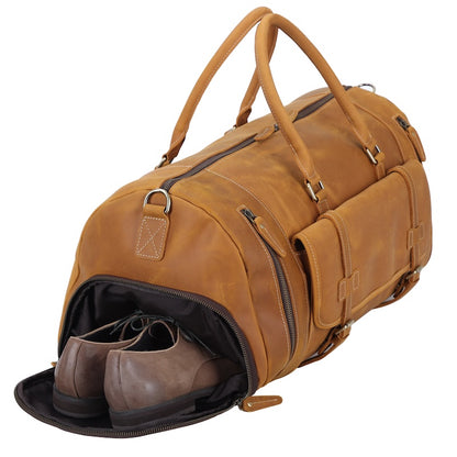 Full Grain Leather Vintage Weekender Overnight Travel Duffel Bag with Shoes Compartment Zipper Closure