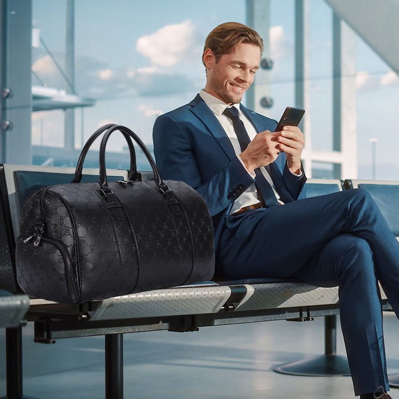 Black Mens Overnight Soft Leather Business Duffel Weekender Bag Genuine Leather Travel Bags